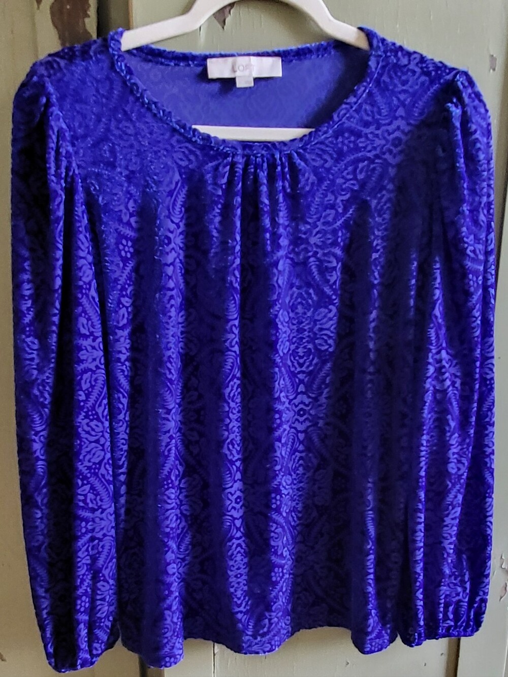 LOFT Royal Blue Paisley Burnout Velvet Puff Sleeve Blouse Top - Size M